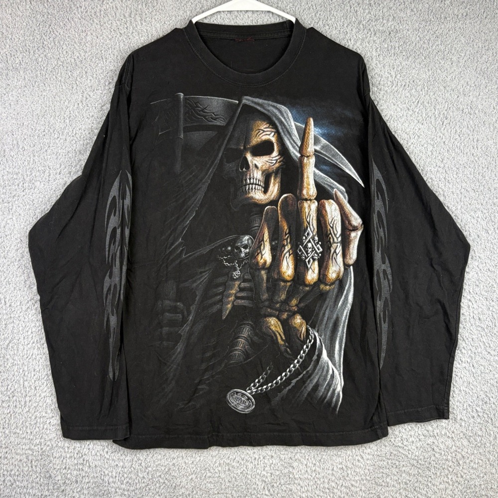 Spiral Direct Shirt Mens Large Long Sleeve Grim Reaper Middle Finger Flame Y2K